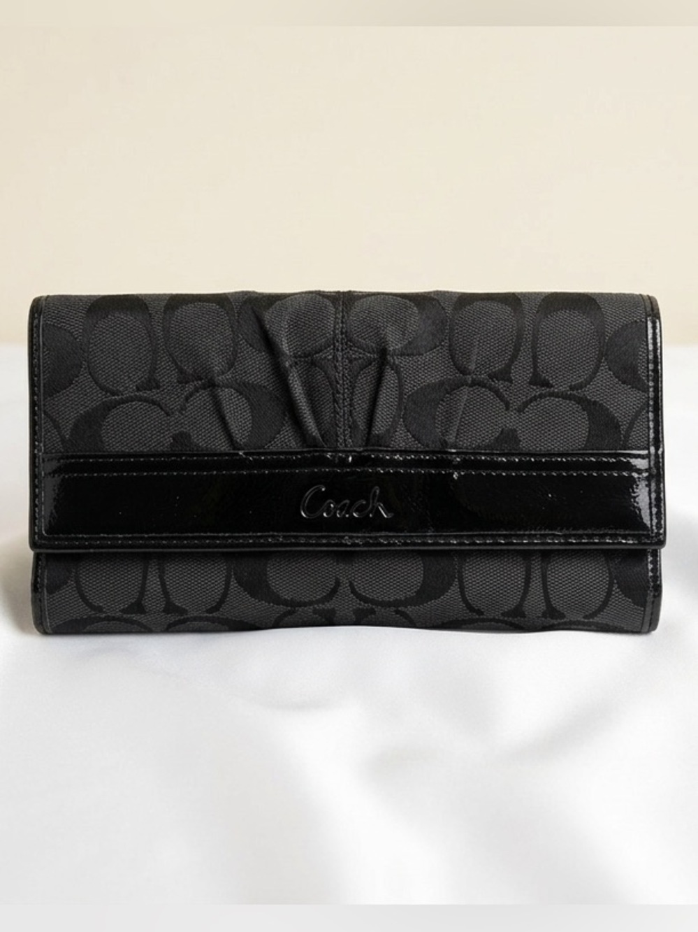 Coach Signature C Jacquard Leather TriFold Wallet Black Clutch Card Case Canvas - Picture 2 of 16